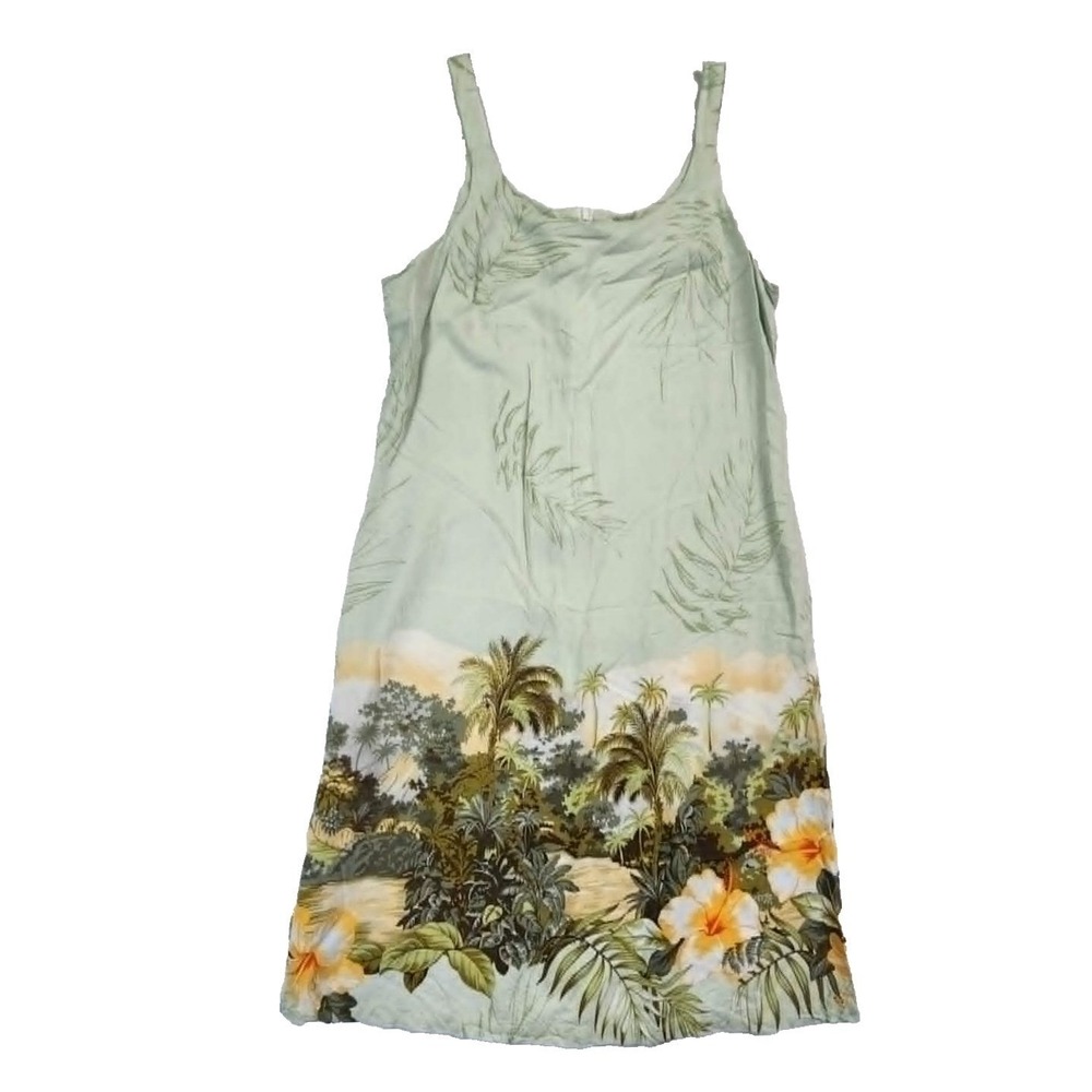 Puanani Tropical Shift‎ Dress Womens Green Hibiscus Palm Beach Vacation Boho L